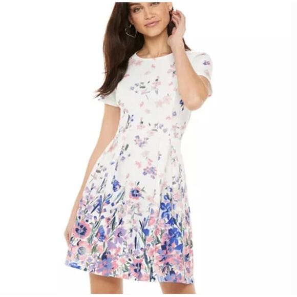 Women's Plus Elle Short Sleeve White Floral Pink Purple Spring Dress XXL - Picture 10 of 10